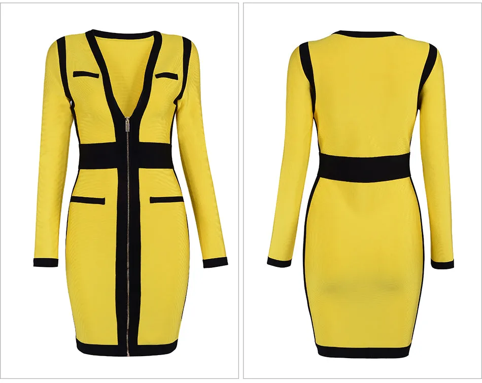 Yellow&Black Women V Neck Long Sleeve  Dress